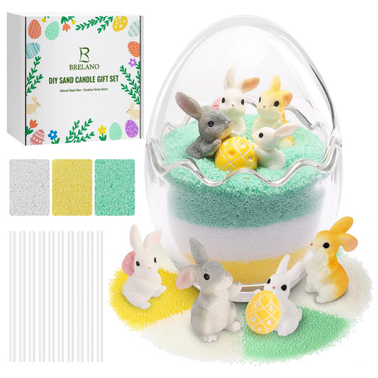 BRELANO Craft Kit for Kids & Adults – DIY Sand Candle Making Kit with Bunny & Egg Decor, Colored Pearled Candle Sand, Cotton Wicks & Egg-Shaped Glass Jar, Mom Gift Set & Spring Home Decor