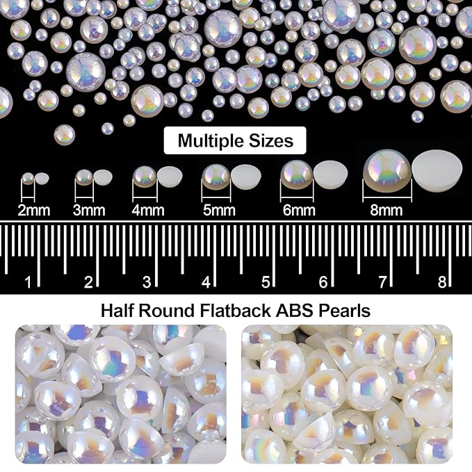 4000PCS Flatback Rhinestones and Half Round Pearls Kit #16, Multi Size Glass Clear Crystals, Plastic Flat Back White AB & Beige AB Dome Bead with Pickup Pencil and Tweezer for Nail Art