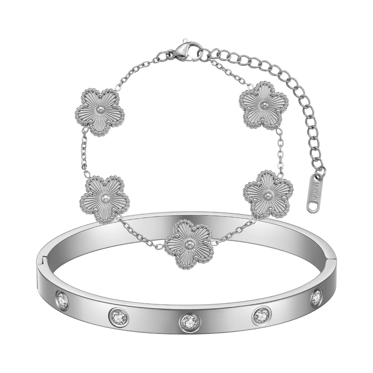 FUNIO 18K Gold Plated Clover Bracelet Love bangle Set for Women - Stack Friendship Silver Bracelet Lucky Link Bracelets Jewelry Gifts Trendy for Women