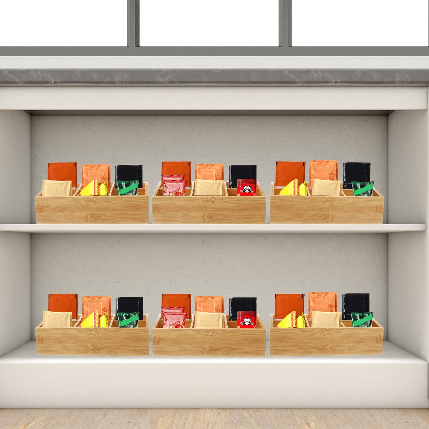 Maitys 4 Pcs Bamboo Divided Storage Organizer Bamboo Container with 6 Compartments Food Storage Bin Wooden Tea Drawer Box Bin Holder Case for Snacks Tea Bags Coffee Sugar
