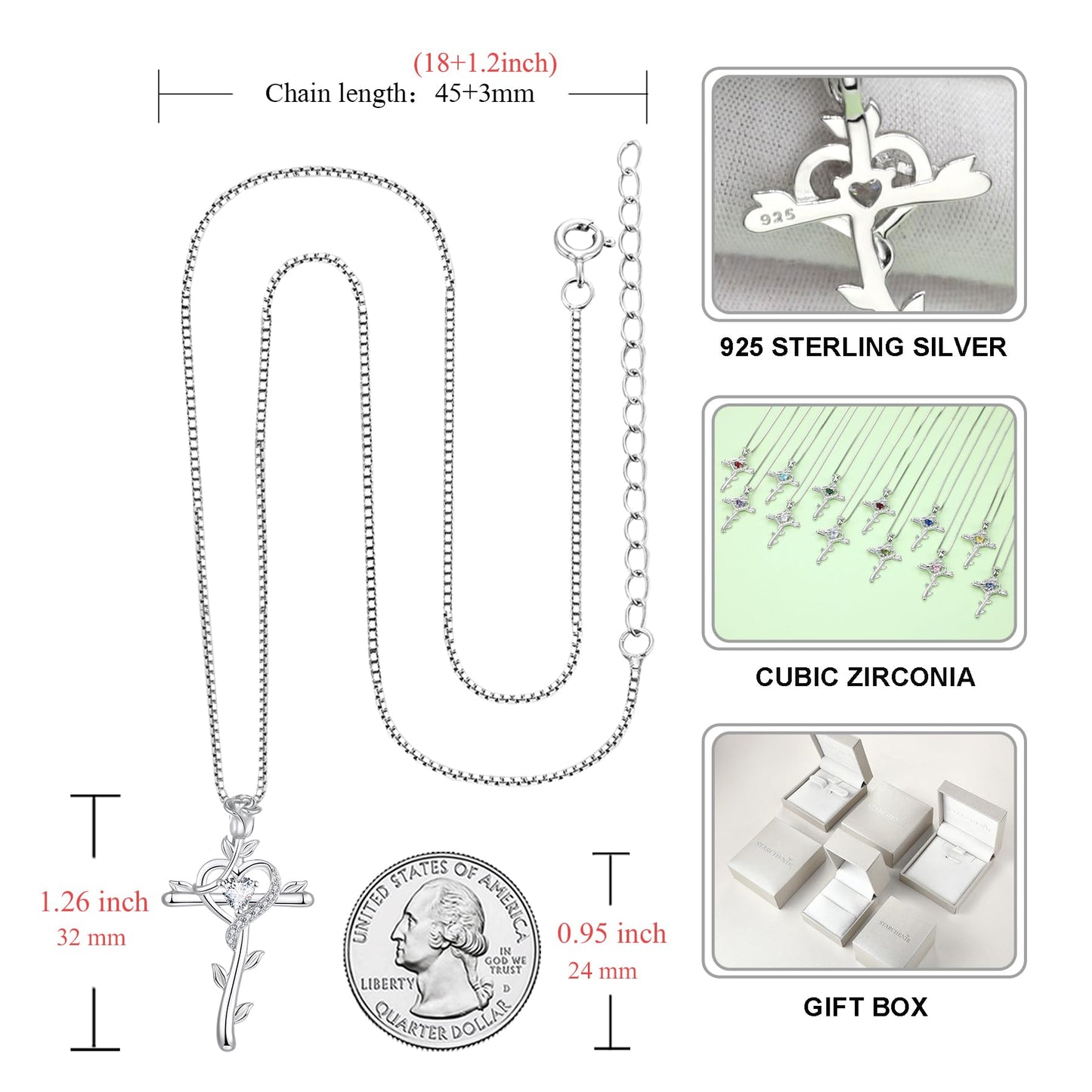 STARCHENIE Rose Cross Necklace 925 Sterling Silver Heart Crucifix Pendant Cubic Zirconia Jewelry for Women