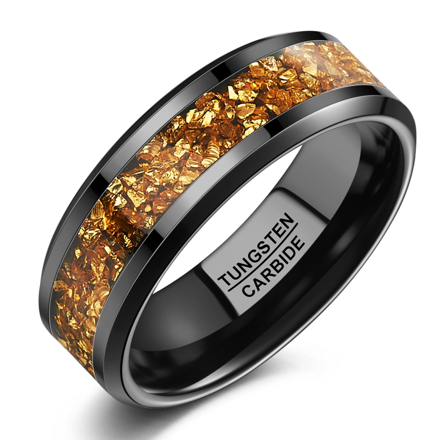 NUNCAD Men's Tungsten Rings 8mm Black Wedding Band Inlaid with Citrine Center Polished Domed Comfort Fit Size 12