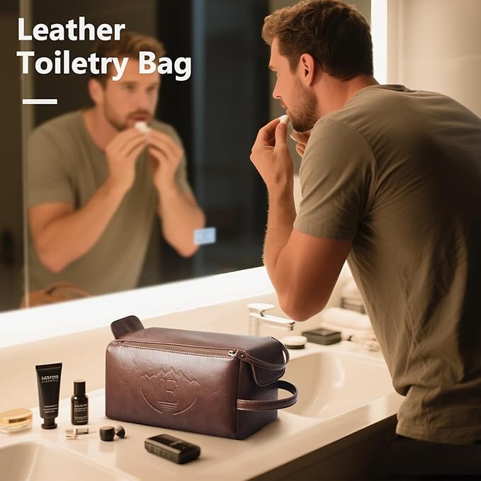 Personalized Toiletry Bag for Men,Initial Mens Toiletry Bags for Traveling,Men Travel Toiletries Bag,PU Leather Shaving Bag for Toiletries Accessories kit,Dark Brown E