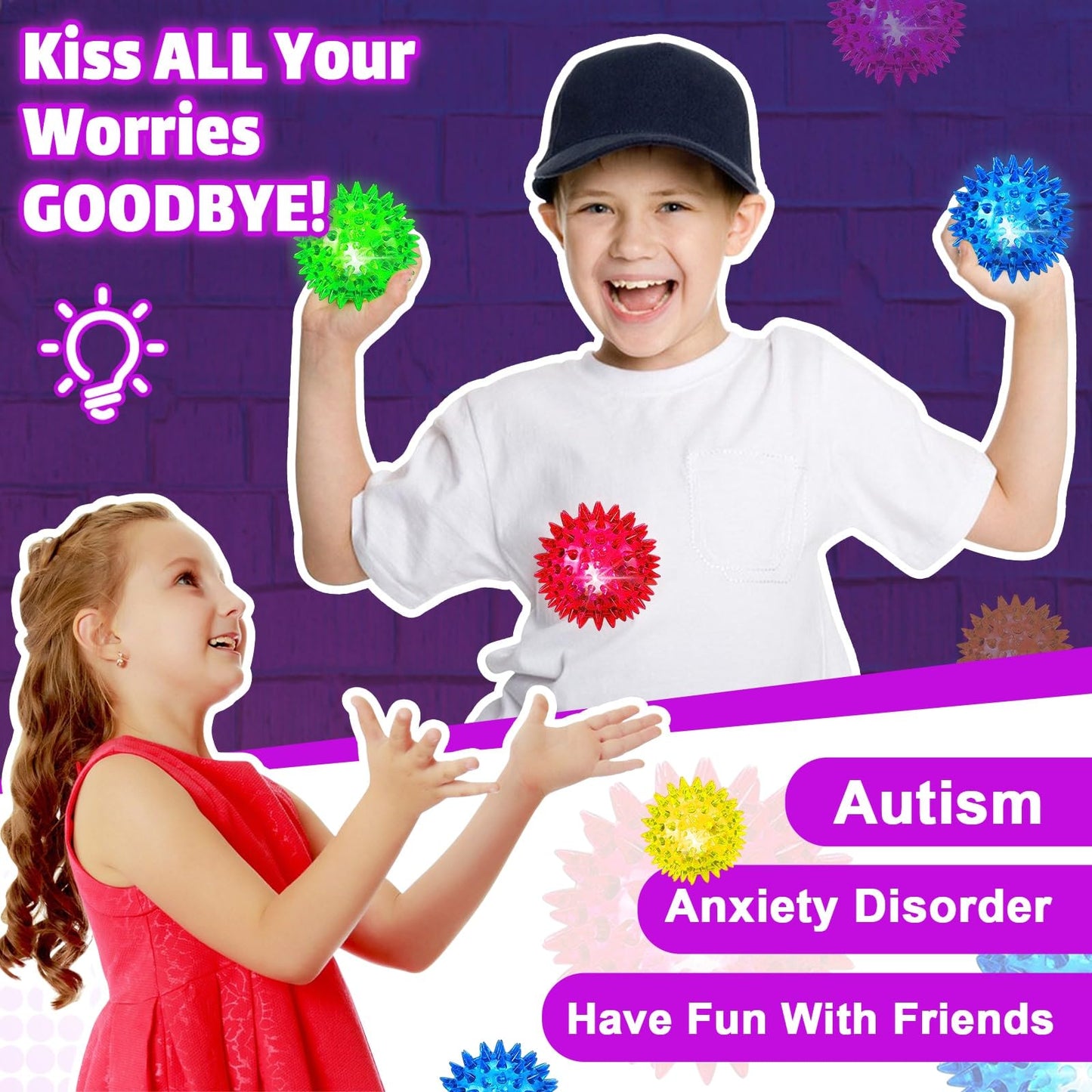Sensory Light Up Bouncy Balls - Sensory Toys for Kids with Autism Toys for 3-4 5-7 8-12 Gifts for Boys Girls Spiky Stress Balls Novelty Noisemaker Toys Easter Basket Stuffers