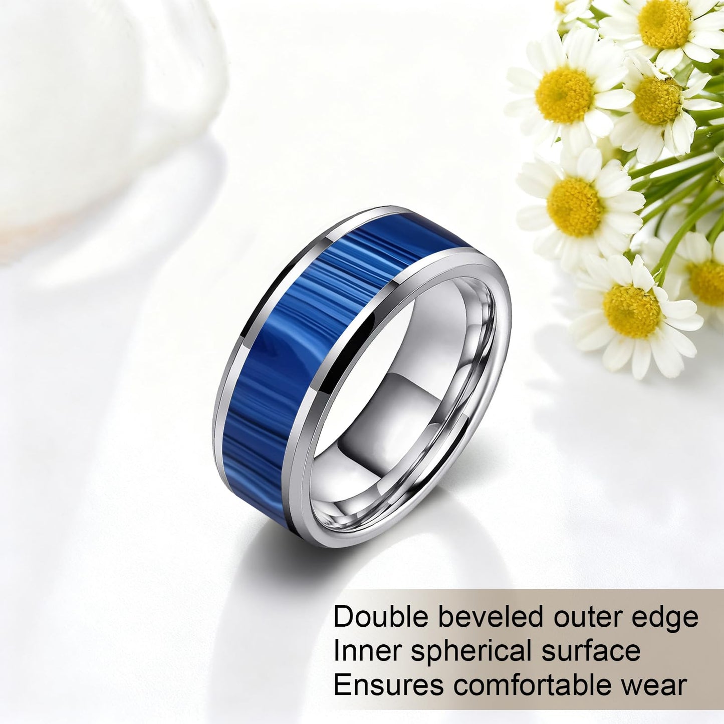 HJIMMNHONG New Carbon Fiber Fashion Rings Double Beveled Edge Delicate Polished Simple Stainless Steel Mens and Women Rings,8mm,Purple,Gray,Size Available (Peacock Blue, 10)