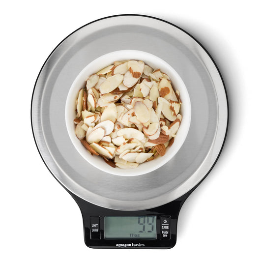 Amazon Basics Digital Kitchen Scale with LCD Display, Tare Function, Multiple Units, Weighs up to 11 Pounds, Batteries Included, Black and Stainless Steel