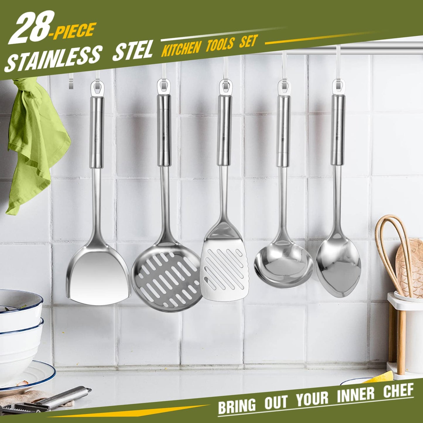 Stainless Steel Kitchen Utensil Set- Fungun 28 Pcs Cooking Nonstick Cookware Set with Spatula - Best Gadgets Tools Kitchen Accessories