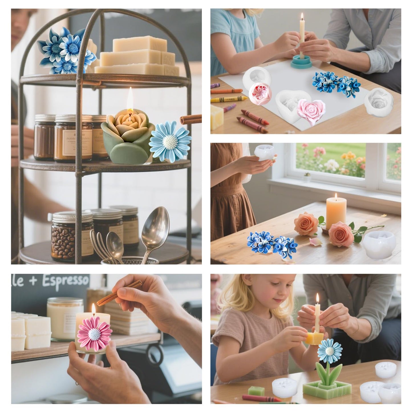 6Pcs Flower Candle Silicone Mold 3D Flower Resin Candle Molds for Candle Making with Wicks DIY Soap Wax Resin Craft Mould Home Art Decoration Box Packaging