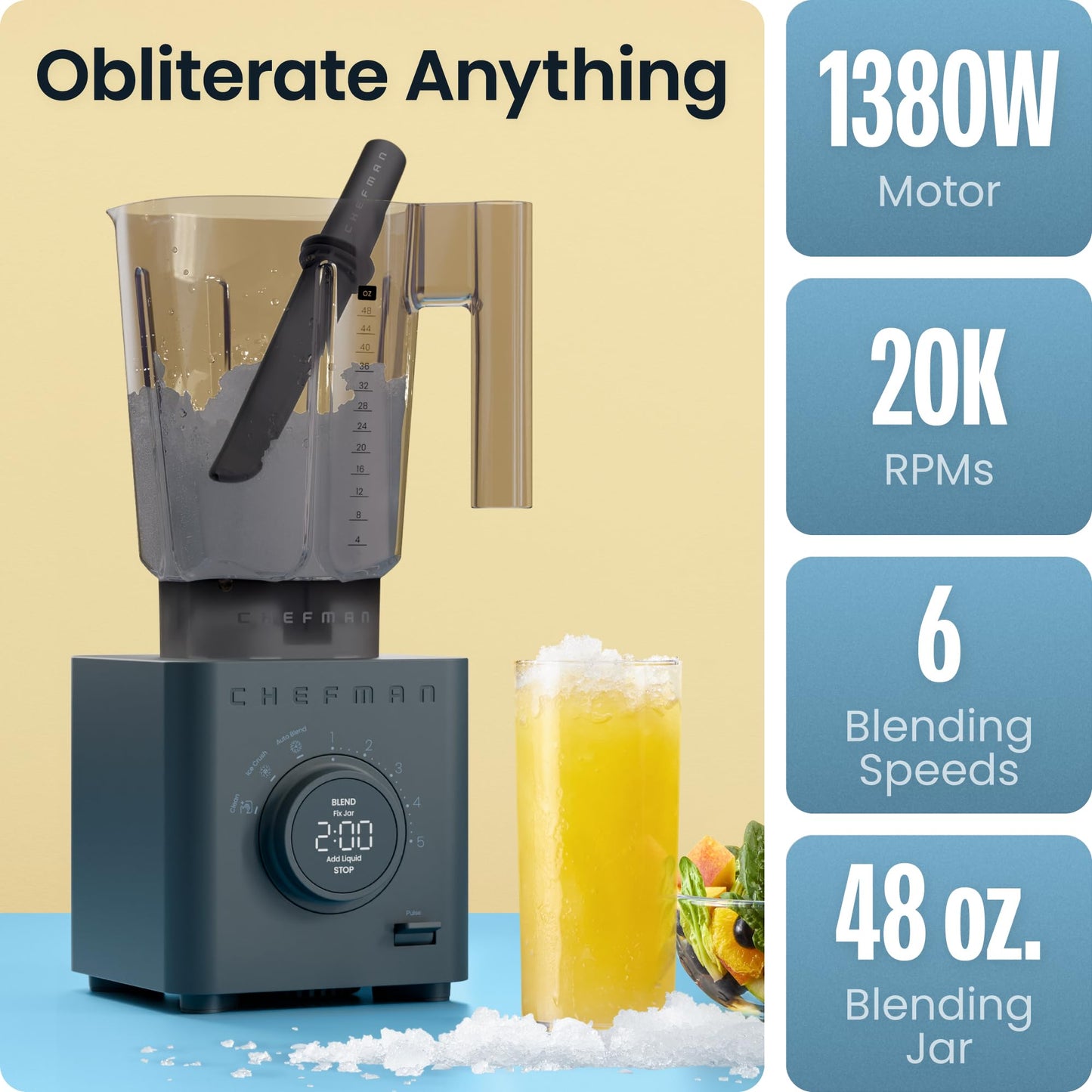 Chefman Obliterator 48 oz Countertop Blender for Smoothies, 1380W Motor to Crush Ice, Nuts, and Frozen Fruit with Stainless Steel Blade, Auto Blend Function, Includes Tamper and Scraper