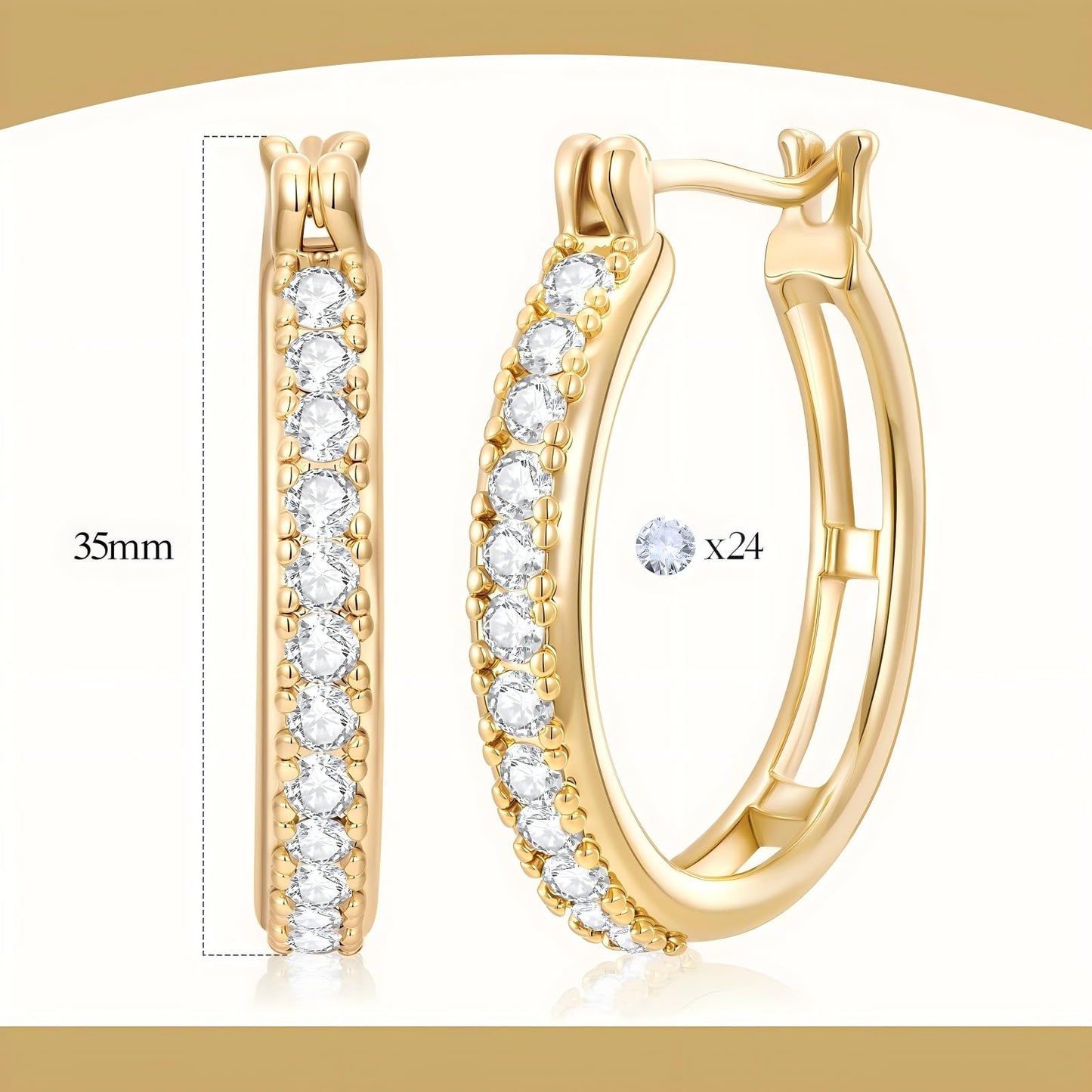 14K Gold Earrings for Women Small 14K Gold Hoop Earrings Trendy 35mm Womens Gold Huggie Earring with Cubic Zirconia Hypoallergenic
