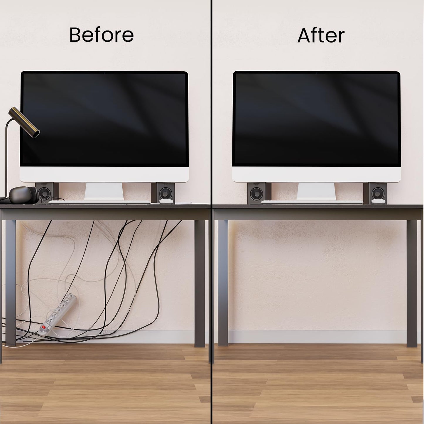 EVEO Cable Management Under Desk Kit (6 Units) - Under Desk Cable Management Cord Hider, Cable Hider Cord Management, Cable Organizer, Cable Raceway | Self-Adhesive 96'' J Channel 6X16 - Black