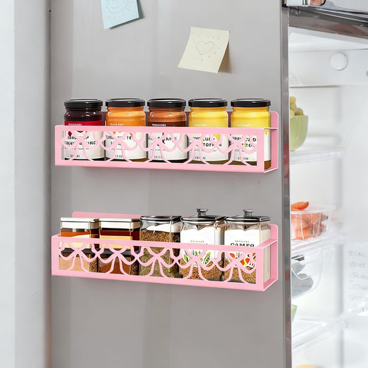 JarThenaAMCS 2Pcs Valentine's Day Pink Bow Magnetic Spice Rack for Refrigerator Metal Basket Shelf Seasoning Storage Organizer Holder for Home Kitchen Fridge Decor Accessories