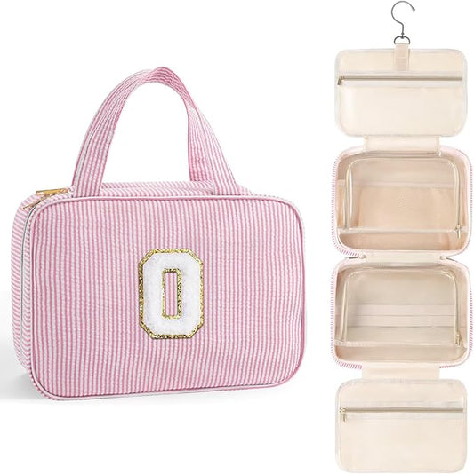 TOPEAST Travel Toiletry Bag for Women - Hanging Toiletry Bag Makeup Bag, Portable Toiletries Cosmetic Bag, Airplane Travel Essentials - Letter O, Pink