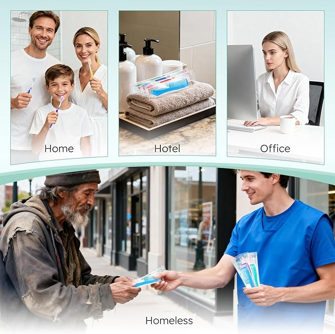 Disposable Toothbrushes with Toothpaste and Comb in Bulk, Individually Wrapped Soft Bristle Travel Size Basic Hygiene Kits, for Travel Hotel Camping Charity Homeless Shelter Donation in 5 colors (100)