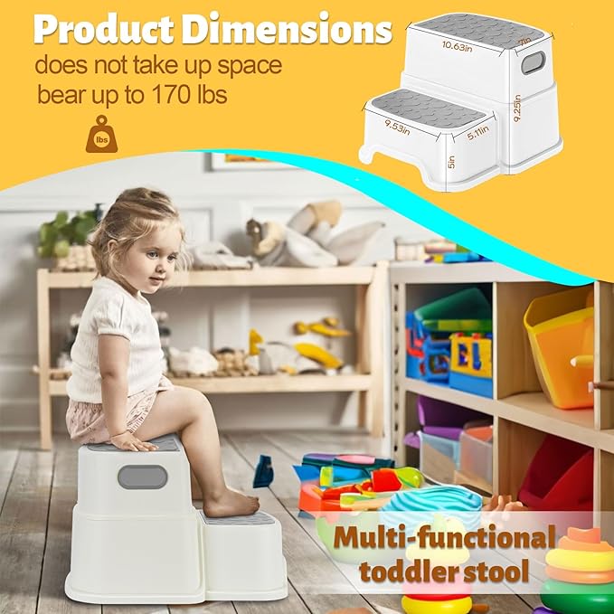 WELSPO 2 Step Stool for Kids, Toddler Step Stool for Bathroom, Kitchen, Bedroom, Living Room, Non-Slip Toddlers Toilet Potty Stool with Handles Baby Child Kid Plastic Poop Stools(Gray)