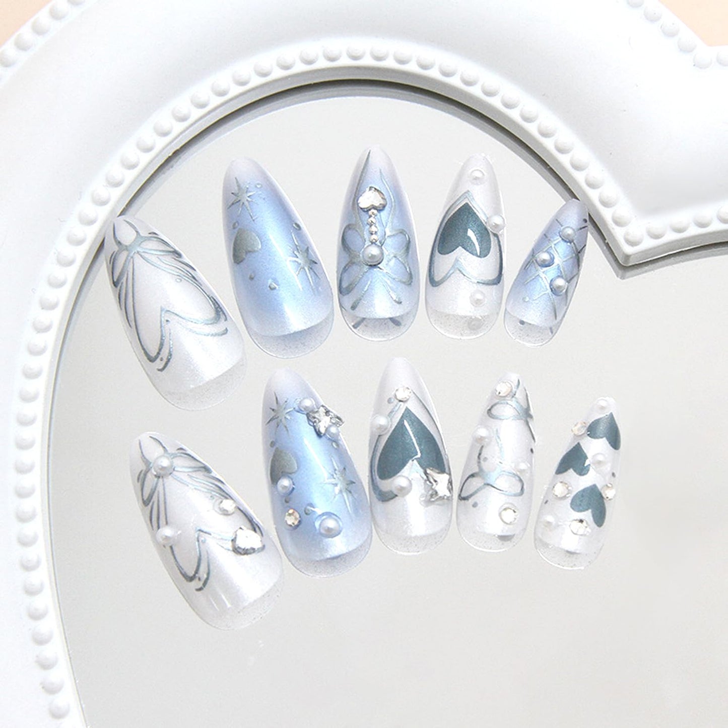24pcs Dark Blue Press on Nails Medium Almond Fake Nails Press on With Hand Drawn Metal Lines Design Full Cover False Y2k Glitter Press On Sparkling Heart Bow Pearl Full Cover Stick on Nails for Women