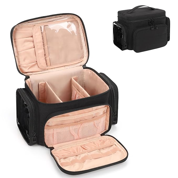Travel Makeup Bag, Lightweight Large Makeup Bag Organizer for Women Girls with Makeup Brush Compartment & Two Side Pockets, Cosmetic Travel Bag Vertical Storage- Black02