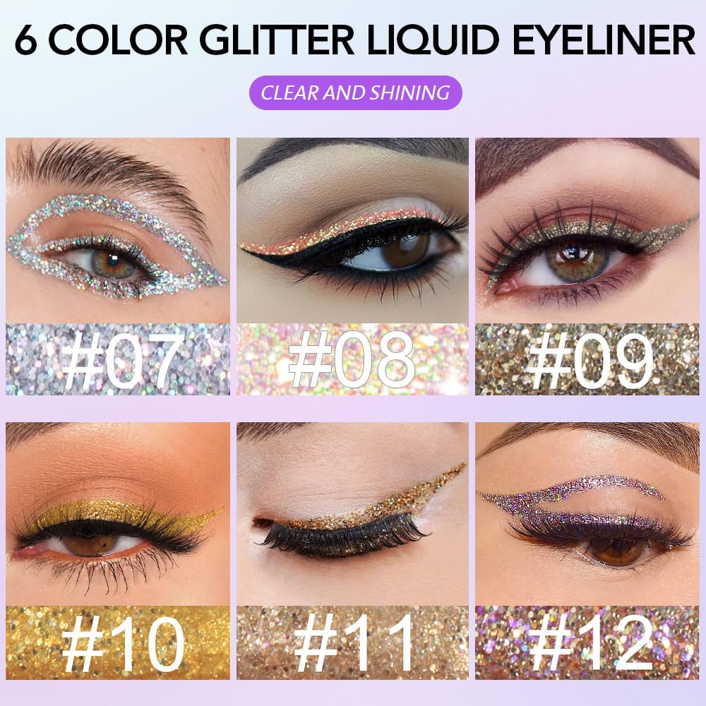 6Pcs Shimmer Metallic Eyeshadow Eyeliner Set - Glitter Sparkle, Long Lasting, Quick Drying, Waterproof & Smudge Proof, High Pigment Liquid Eyeshadow for Parties, Cosplay, Weddings (Set 2#)