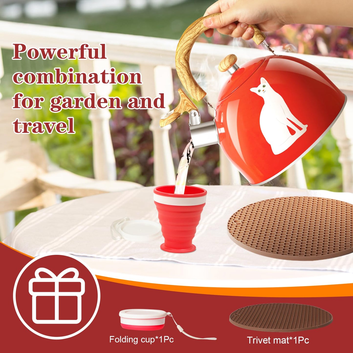 ARC Stainless Steel Red Whistling Tea Kettle, Magic Color Changing Design 2-Quart Stovetop Kettle Whistle Teapot with Folding Cup & Trivet Mat