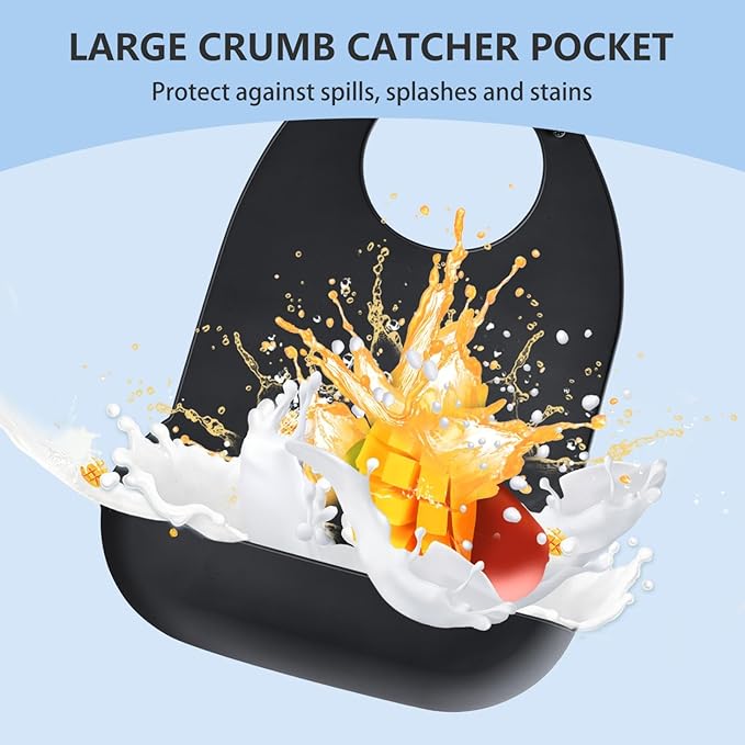 Adult Bibs for Men, Women - Silicone Adult Bibs for Elderly - Washable Bib with Crumb Catcher - Black, 2 Pack