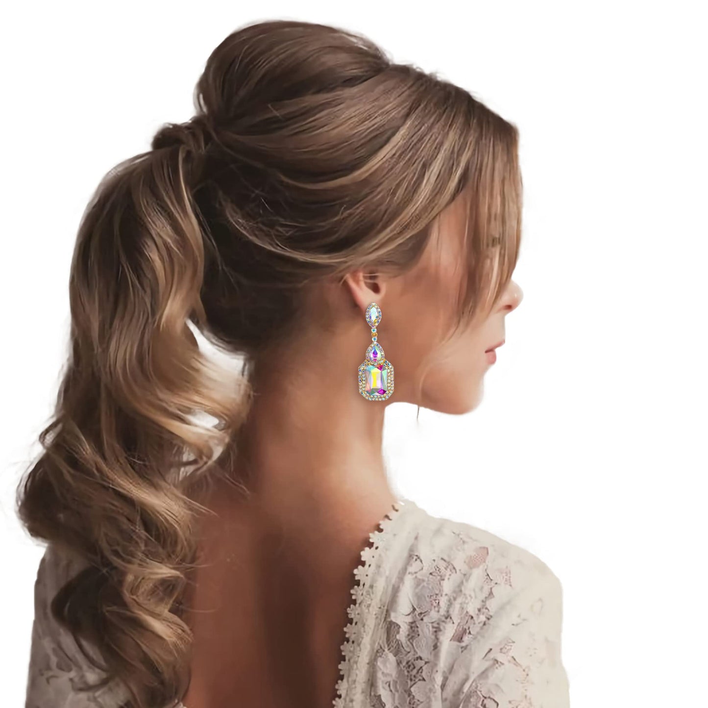 BriLove Women's Wedding Bridal Dangle Earrings Emerald Cut Crystal Infinity Figure 8 Chandelier Jewelry Iridescent AB Gold-Toned
