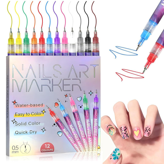 12 Colors Nail Art Pens Set, Fine Tips 0.5mm Nail Paint Pens - Quick-Dry 3D Nail Art Markers, Dotting Nail Design Pens For Nails Art Design Manicure Nail Diy Decoration (12 Colors)