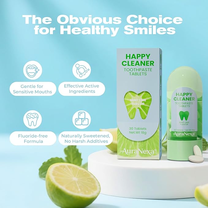 Happy Cleaner Toothpaste Tablets – Mint Lime Flavor, Fluoride-Free Chewable Toothpaste with Nano Hydroxyapatite, Travel-Friendly, Zero-Waste Oral Care, 30 Tablets