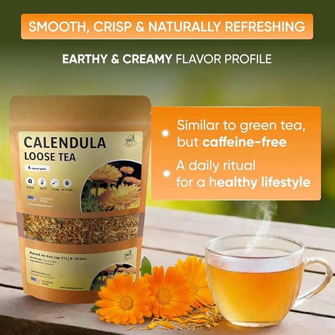 Calendula Loose Tea – 4 oz Size - Marigold & Dried - Calendula Tea Bulk Flowers Gluten-Free and Caffeine-Free Herbal tea for Relaxation, Wallness, From Real Flowers with Smooth Taste