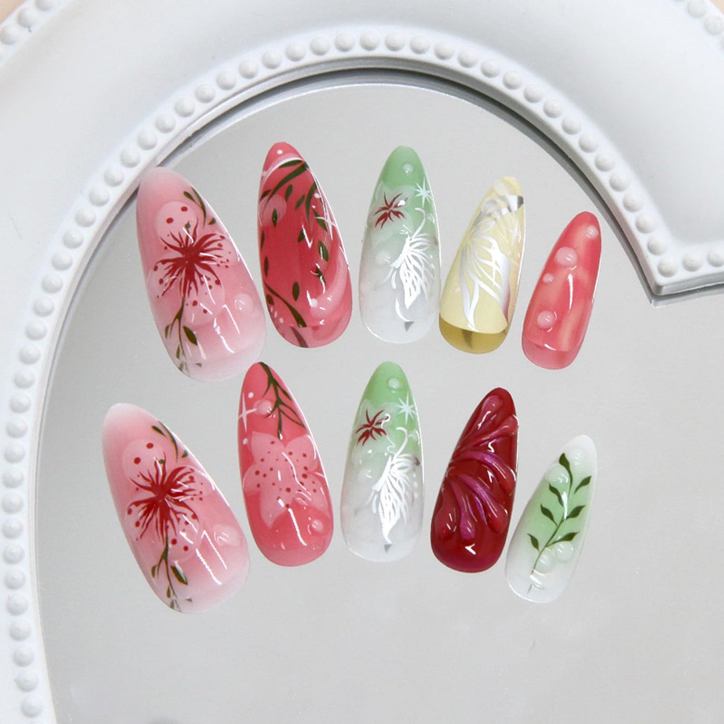 24Pcs Spring Colorful Flower Press on Nails Medium Almond Fake Nails Floral Butterfly Glossy Design Pink Full Cover Stick on Nails Flowers Nail Art Acrylic False Nails Set for Women DIY Manicure
