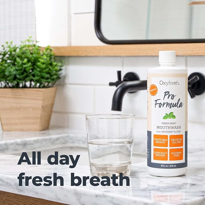 Oxyfresh Pro Formula Fresh Mint Mouthwash – Patented Zinc Mouthrinse for Fresh Breath, Healthy Gums & Bad Breath Treatment for Adults - Dye, Fluoride & Alcohol Free (16 Fl Oz)