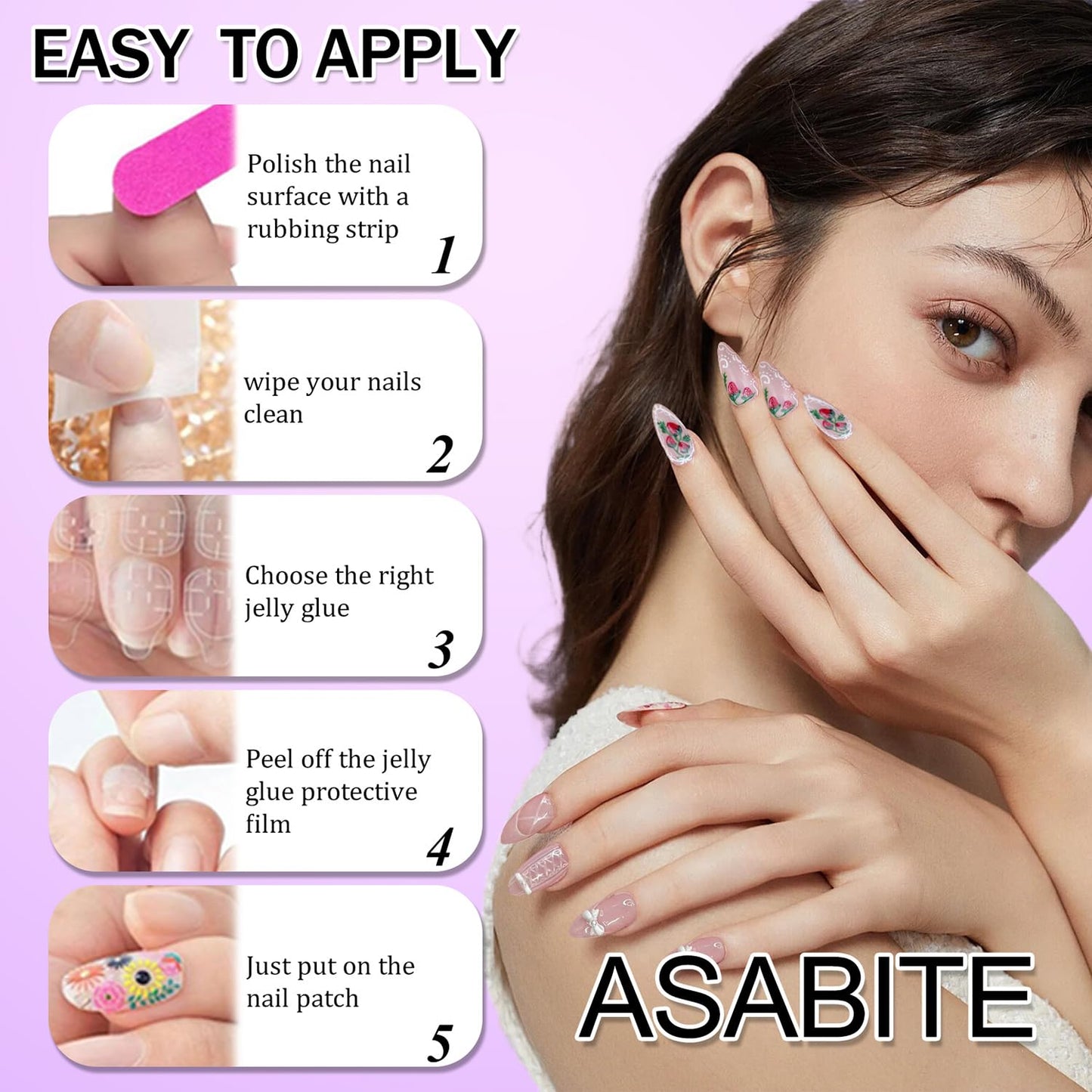 24Pcs Pink Almond Press on Nails Medium Fake Nails Glossy Reusable False Nail with 3D Flower Butterfly Design Artificial Acrylic Nail Press ons Spring Summer Flower Nails for Women DIY Nail