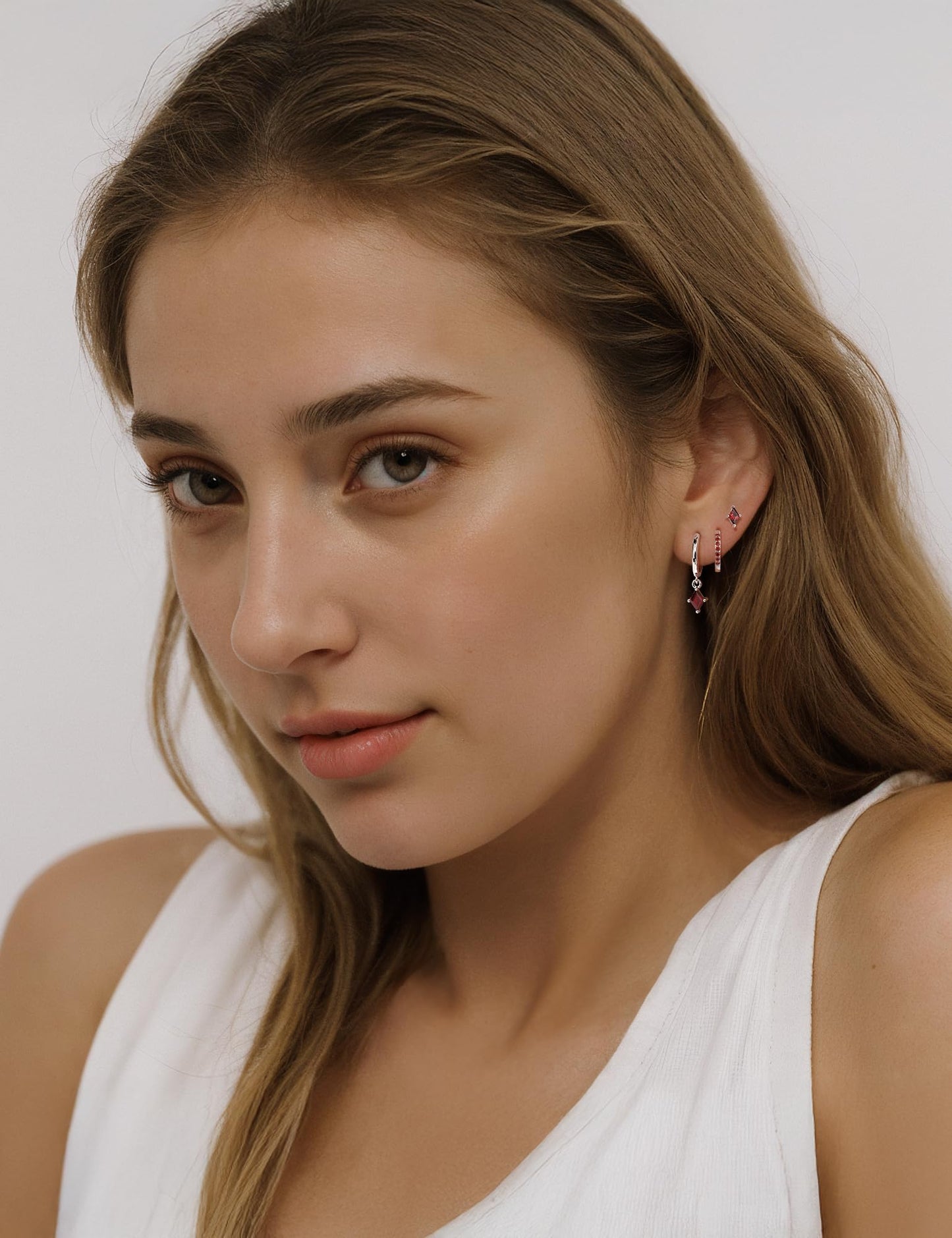 Angelady 3 Pairs Sterling Silver Hoop Earrings Set for Women, Hypoallergenic Red Silver Earrings, Dainty Huggie Hoops Ruby Earring Cartilage Stud Earring Stacks Trendy Red Jewelry Gifts
