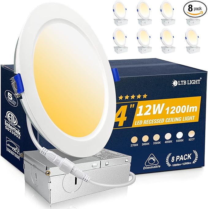 8 Pack Recessed Lighting 4 inch, 5000K Ultra-Thin LED Canless Recessed Lighting, Retrofit Dimmable Recessed Lights, 1200LM 12W=150W Wafer Lights - ETL & Energy Star Certified
