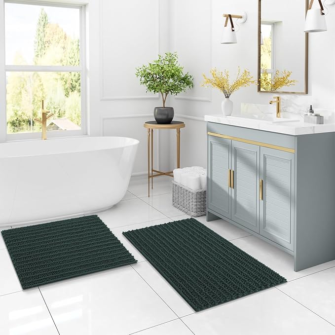 Arotive Luxury Chenille Bathroom Rug Mat, Extra Soft Thick Absorbent Shaggy Bath Rugs, Non-Slip Machine Wash Dry, Plush Bath Mats for Bathroom, Shower and Tub, 34x21, Dark Green