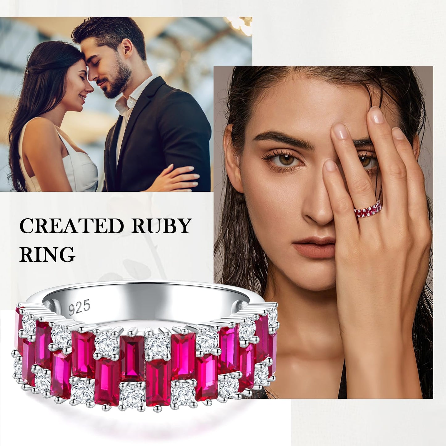 RANDES Ruby Wedding Band for Women 925 Sterling Silver Emerald Cut Cubic Zirconia Red Stone Anniversary Band Eternity Ring Size 10