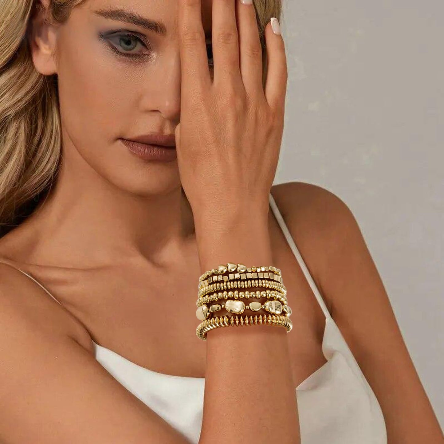 Sajidos Gold Plated Beaded Bracelets for Women Trendy, 14K Gold Plated Stack Cross Pearl Bead Stretch Bracelets Set Elastic Hypoallergenic Bracelets Jewelry Gifts (style6)