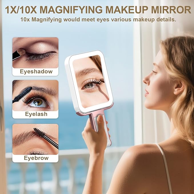 Mocado Travel Makeup Mirror with Lights,10X/1X Magnifying Mirror with Light, Double Sided Travel Mirror with 3 Color Light,Dimmable Touch,Lighted Makeup Mirror for Tabletop,Handheld,Hanging(Rose Gold)