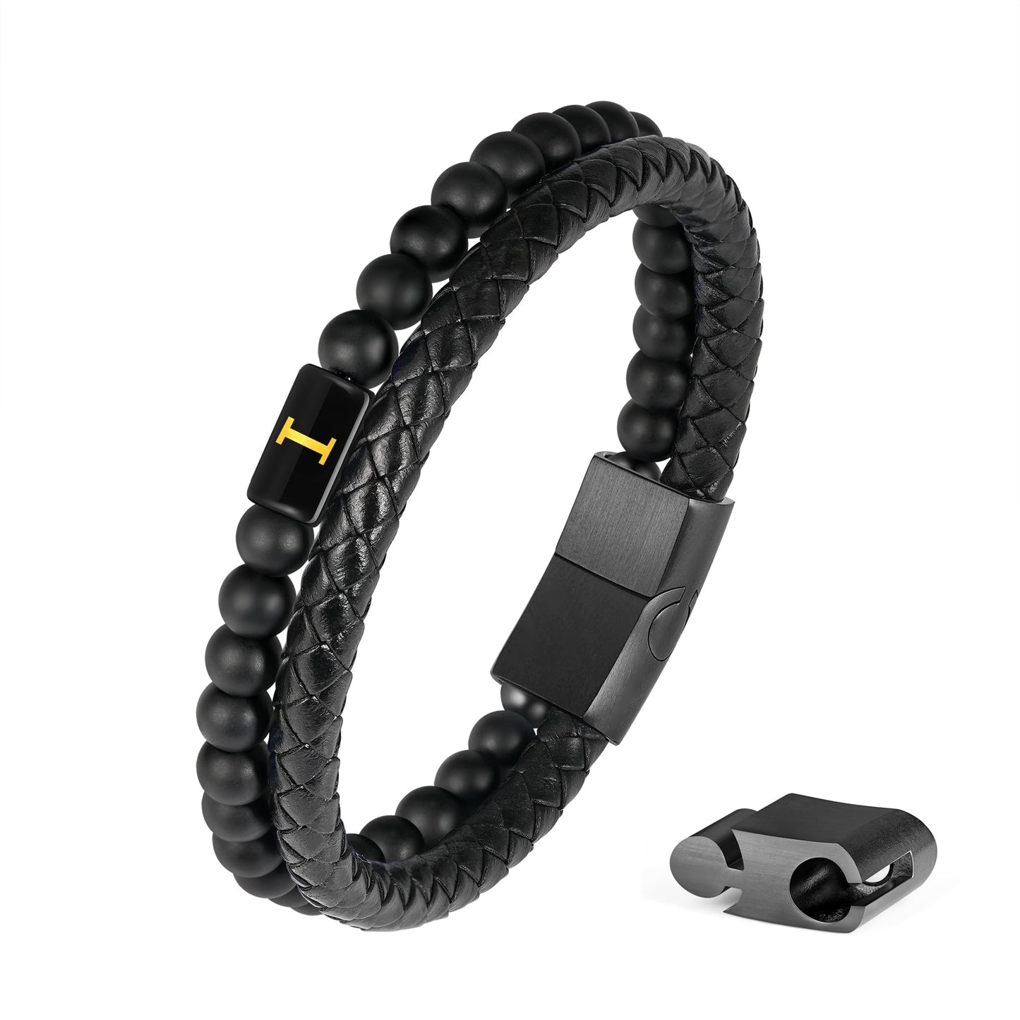 Leather Bracelets for Men with Initial - Men Gifts Matte Agate Bead Magnetic Clasp Gift for Husband Black Mens Leather Bracelets Men's Initial I Bracelet for Men's Jewelry Mens Gifts for Dad Husband