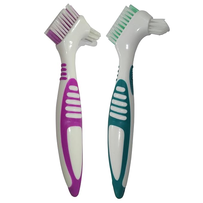 2-Pack Denture Cleaning Brush Set- Hygiene Denture Cleaner Set for Denture Care- Top Denture Cleanser Tool w/ Multi-Layered Bristles & Rubber Handle