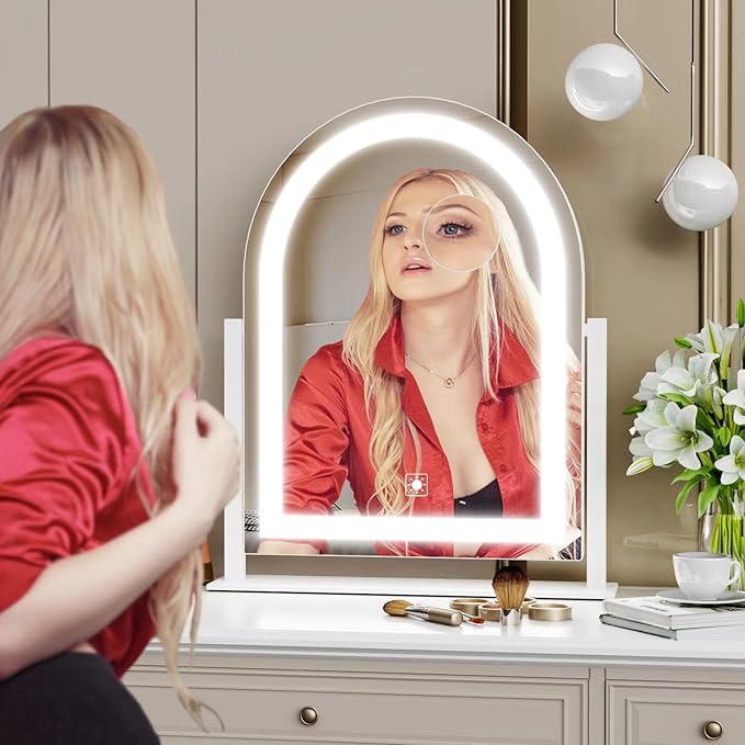 Lighted Makeup Mirror, Hollywood Vanity Mirror with Lights, Three Color Lighting Modes, and Detachable 10X Magnification Mirror, Smart Touch Control, 360°Rotation (15.2in. Black)