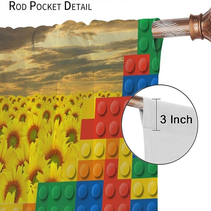 Colorful Building Blocks Sunflower Flower 3D Toy Printed Curtains, Building Blocks, Floral Sunflower Curtains, Interesting Brick 3D Design, Boys and Girls Room Curtain Panels, 2 Panels 63x63in