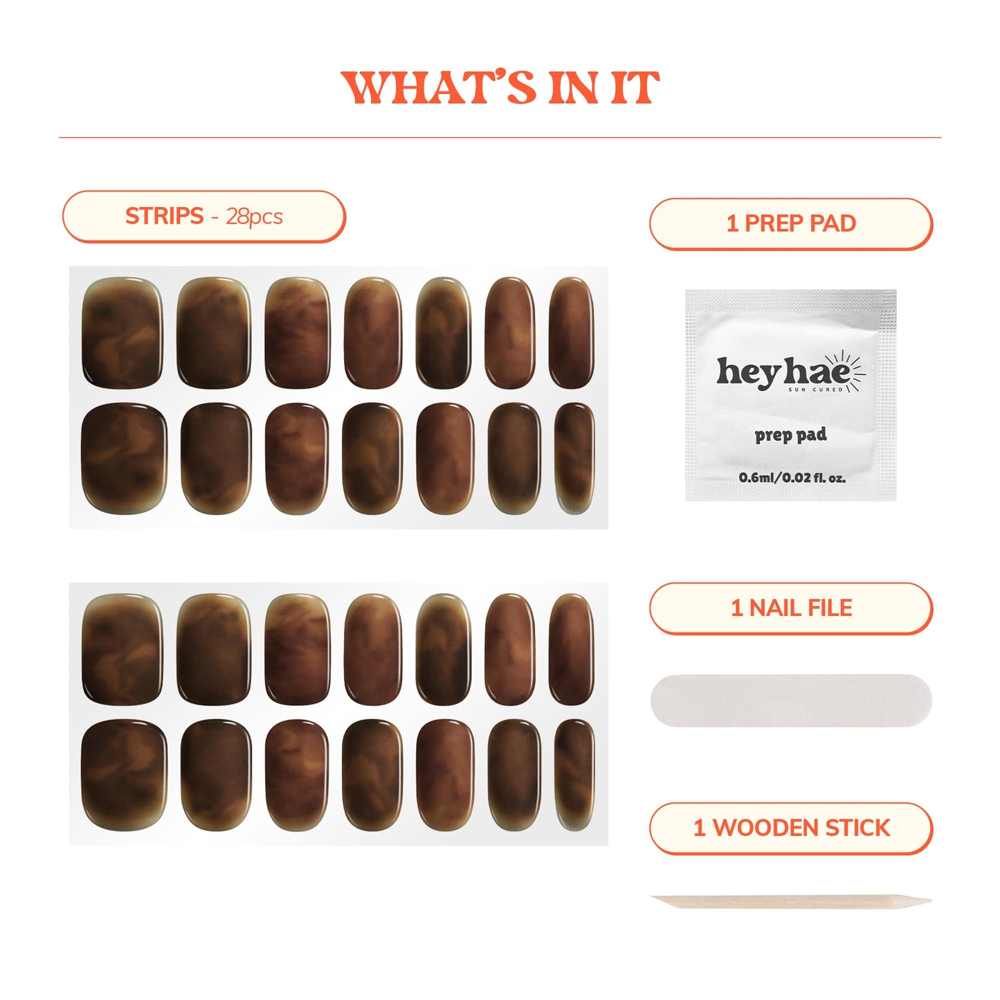 Heyhae Semi Cured Gel Nail Strips | No LED Lamp Needed | Marble, Brown | Easy Apply & Remove, Salon Quality | Includes 28 Strips, 1 Prep Pads, Nail File & Wooden stick - Hey, Coffee Run?