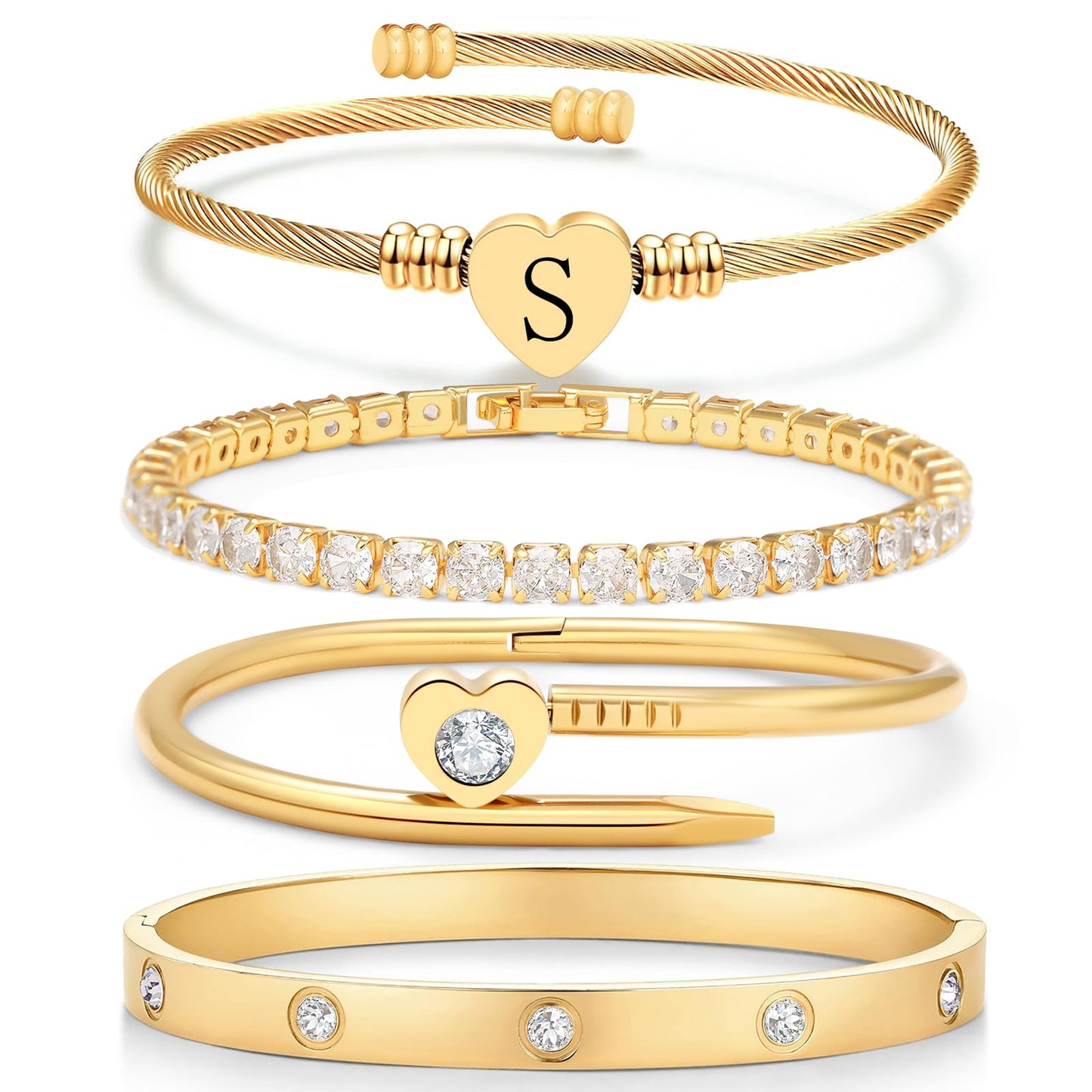 MEIERYA18K Gold Plated Nail love Bangle Bracelet Set for Women,Cubic Zirconia,Adjustable tennis bracelet Trendy Gift Jewelry for Mother's Day Anniversary (13-Style-S)
