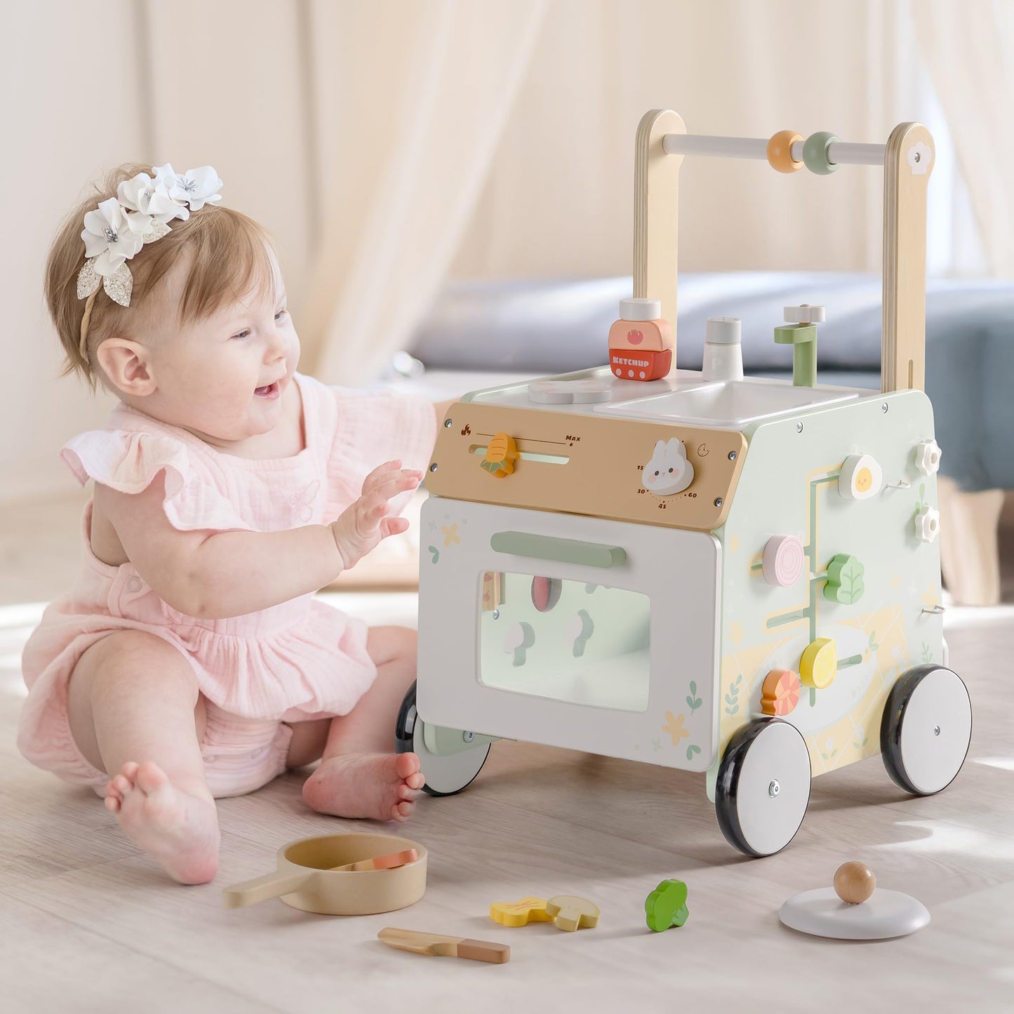 ROBOTIME Baby Walker Push Toy, Adjustable Height & Speed, Prevents Bow Legs, Spring Garden Activity Center with Clock, Shape Sorter, Play Kitchen, and Sink, Ideal Toddler Walking Toy for 10+ Months