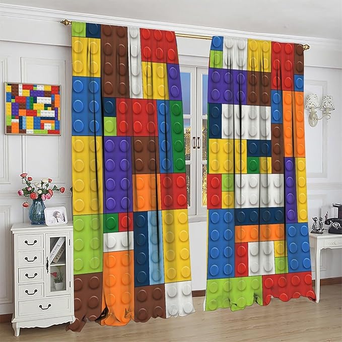 Kids Boy Curtain Blocks Toy Abstract Outline Colorful Geometric Brick Print Curtain for Boys Girls Nursery Room Curtains 84x84 Inch 2 Panels(Decor Curtains