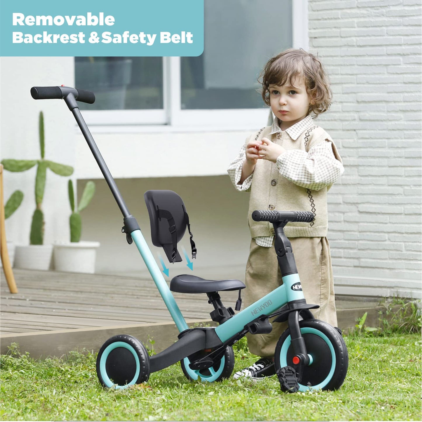 newyoo Tricycles for 1-3 Year Olds, Toddler Bike, Birthday Gift and Toy for Boys and Girls, Toddler Tricycle with Parent Push Handle, Trike with Backrest and Safety Belt, Blue, TR007