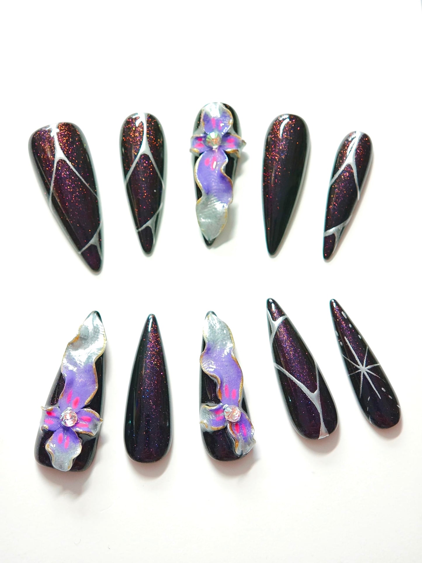 Avilux Press On Nails – Handmade, Reusable, 3D Designer Nail Art, 10Pcs Fake Nails for Women and Girls, Perfect for Holidays, Parties & Gifts (Mystic Orchid Glitter, Medium)