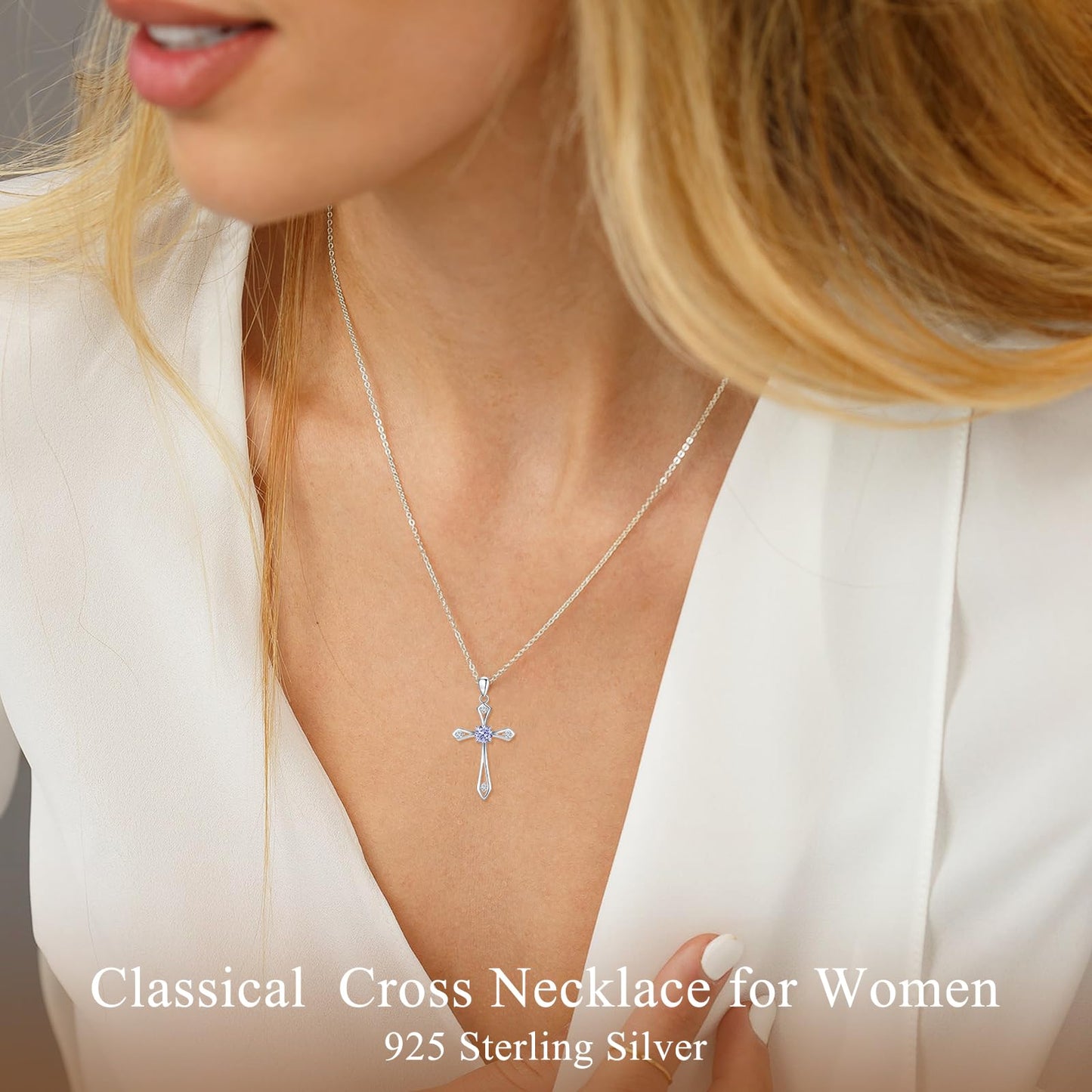 QUALISE Cross Necklace for Women,925 Sterling Silver June Birthstone Necklace Cross Pendant 5A CZ 12 Birth Months Birthstone Fine Jewelry Birthday Gifts for Her Wife Mom