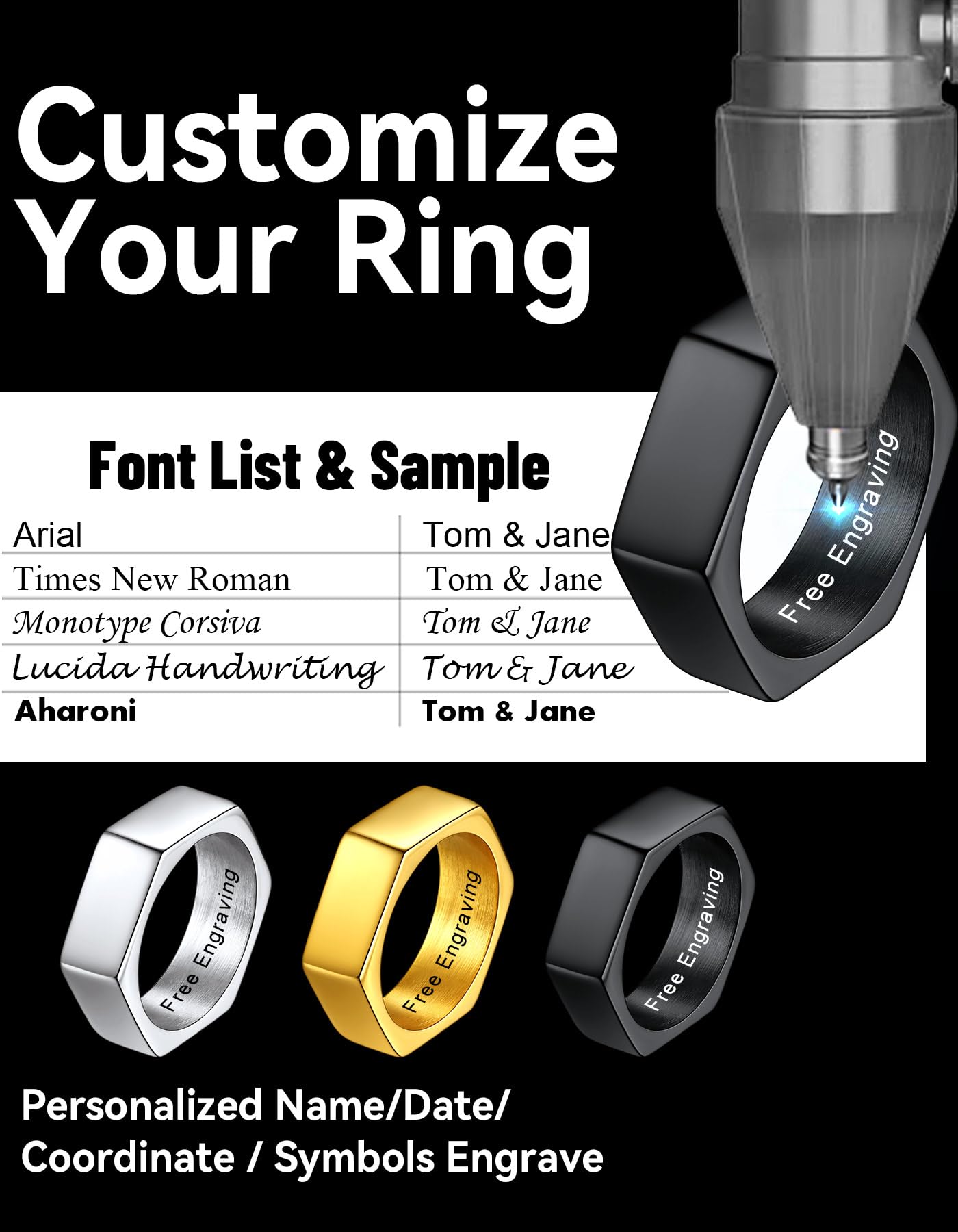 ChainsHouse Personalized Engravable Stainless Steel Black Hexagon Geometric Biker Ring Bands, Size 14