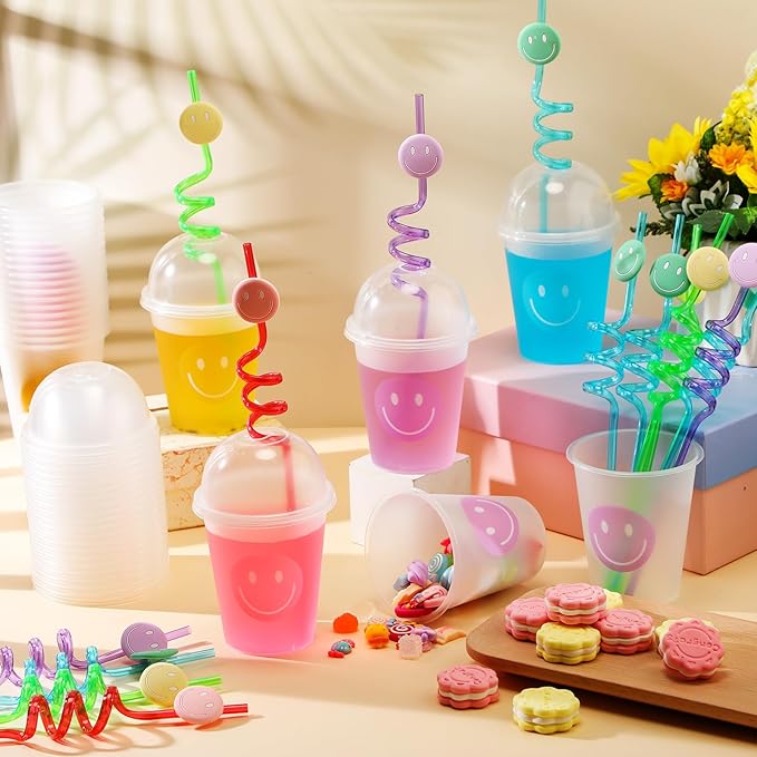 Yaomiao Smile Face Sipper Cups with Straws and Lids, 12 oz Clear Plastic Cups Happy Face Party Cups with Dome Lids Happy Party Favors for Kids, Tea, Coffee, Smoothie, Cold Drinks(64 Pack)